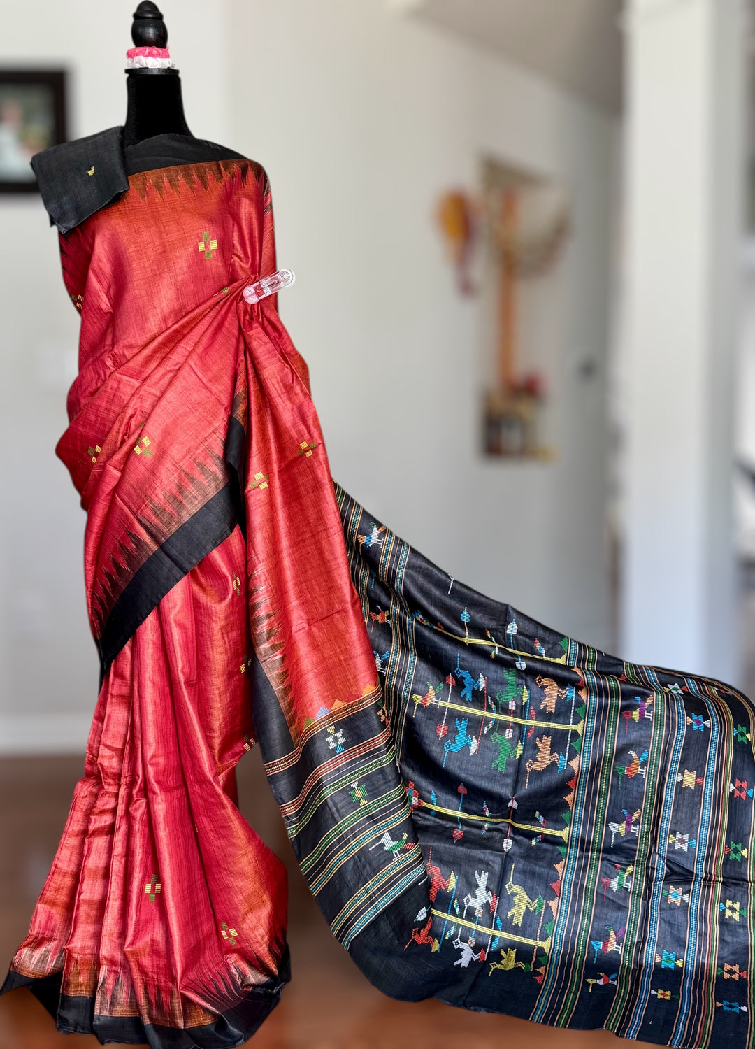 Orangish red Gopalpur Handwoven Tussar Saree with Ganjam Bomkai Pallu - Traditional Indian Saree|Odisha weaves