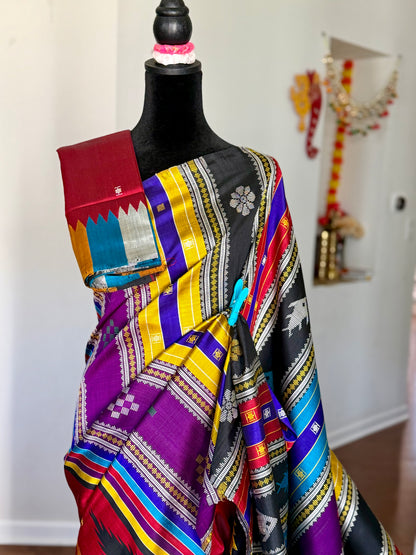 Maroon Berhampuri Pure Silk Saree with multi color Double pallu
