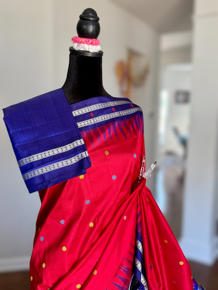 Gorgeous Red with Royal BlueNandighosa pure silk saree from Odisha Weaves| Bomkai|