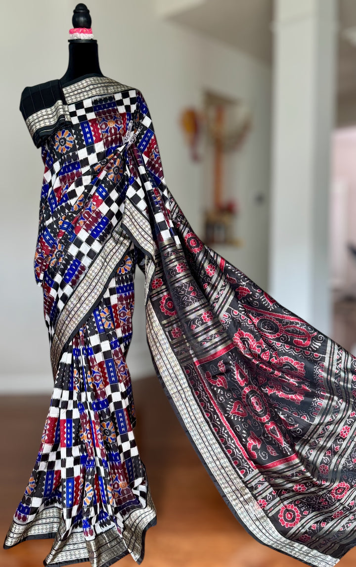 Handwoven Utkal Laxmi Sambalpuri ikat pure silk saree, Maroon Ikat pallu|Odisha Weaves|