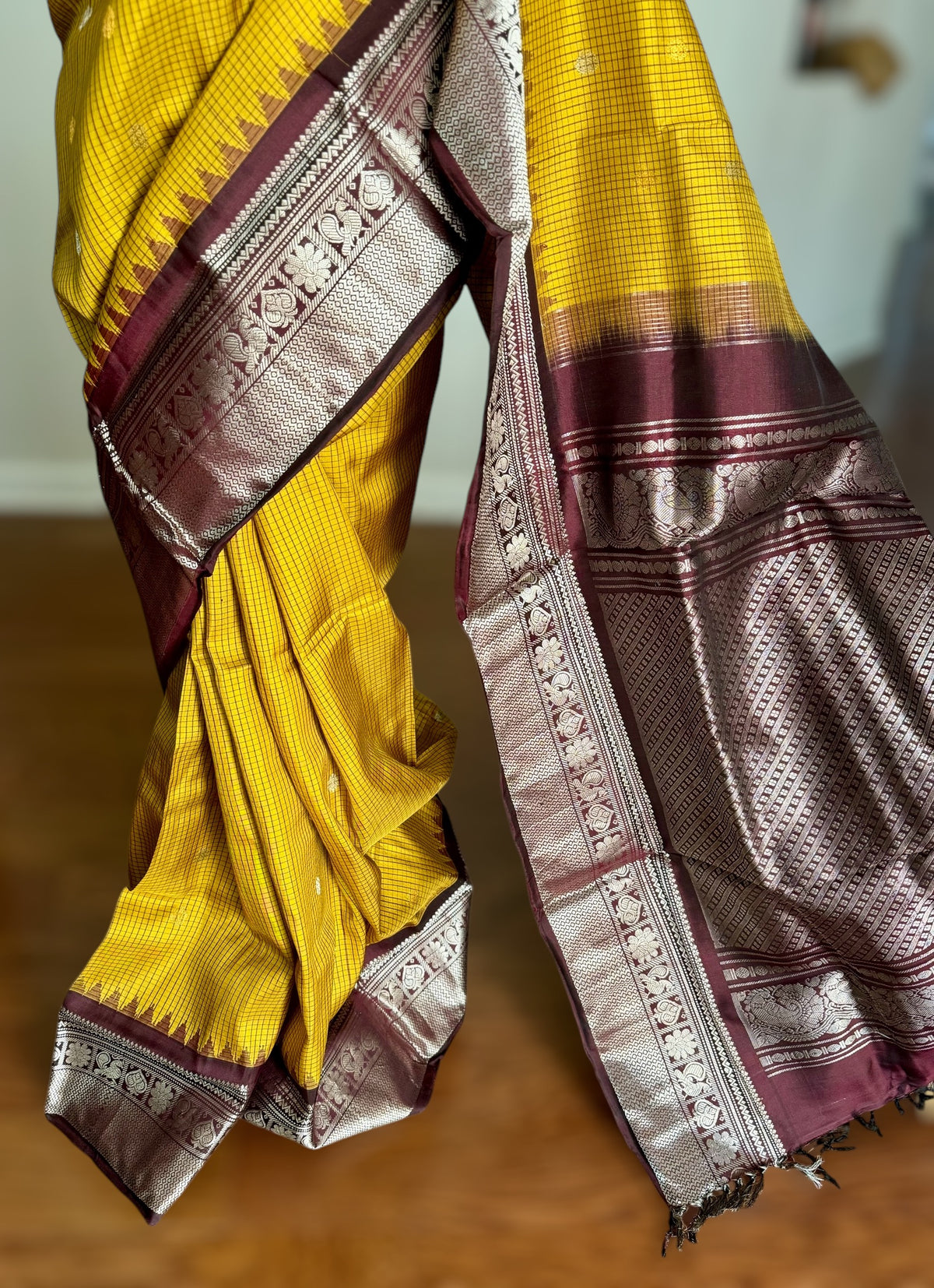 Handwoven Kuttu Gadwal pure Silk Saree in honey mustard color with Checks body