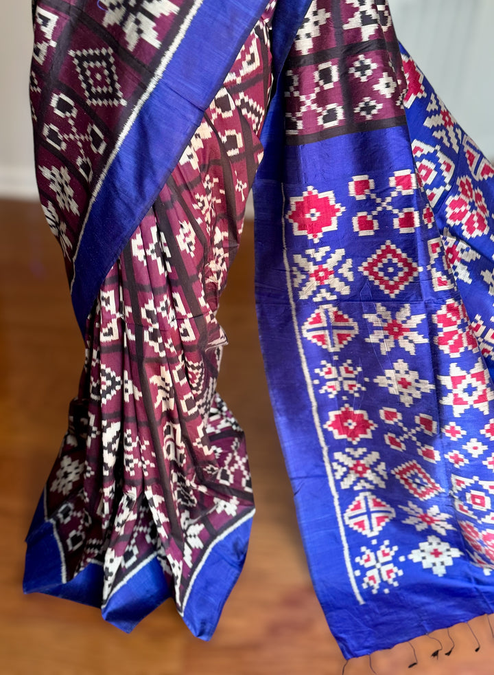 Purple with Blue combination Telia inspired Contemporary ikat pure silk saree