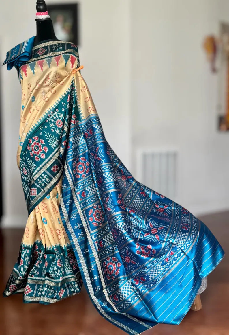 Baige Gold with blue combination handwoven contemporary ikat pure silk saree | Odisha weaves