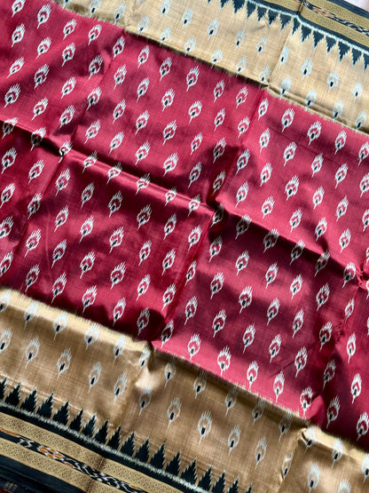 Maroon Beige Chandrika body Contemporary Ikat Pure Silk Saree|Odisha Weaves|Mishrita
