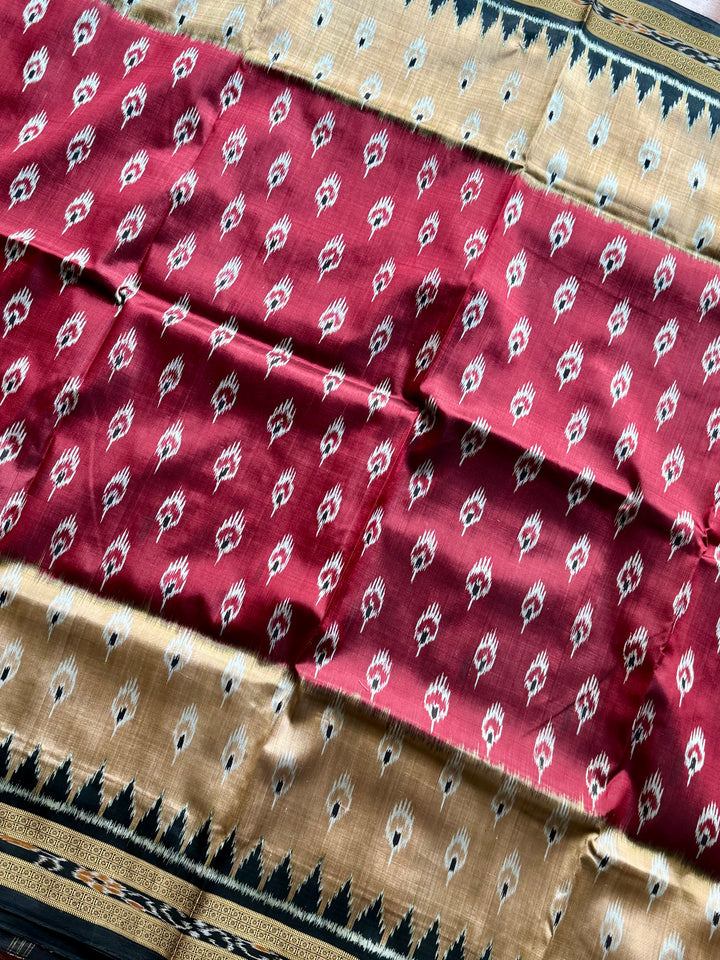 Maroon Beige Chandrika body Contemporary Ikat Pure Silk Saree|Odisha Weaves|Mishrita