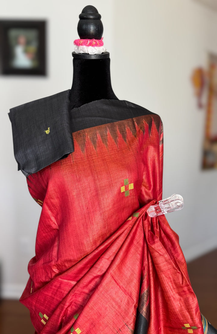 Orangish red Gopalpur Handwoven Tussar Saree with Ganjam Bomkai Pallu - Traditional Indian Saree|Odisha weaves