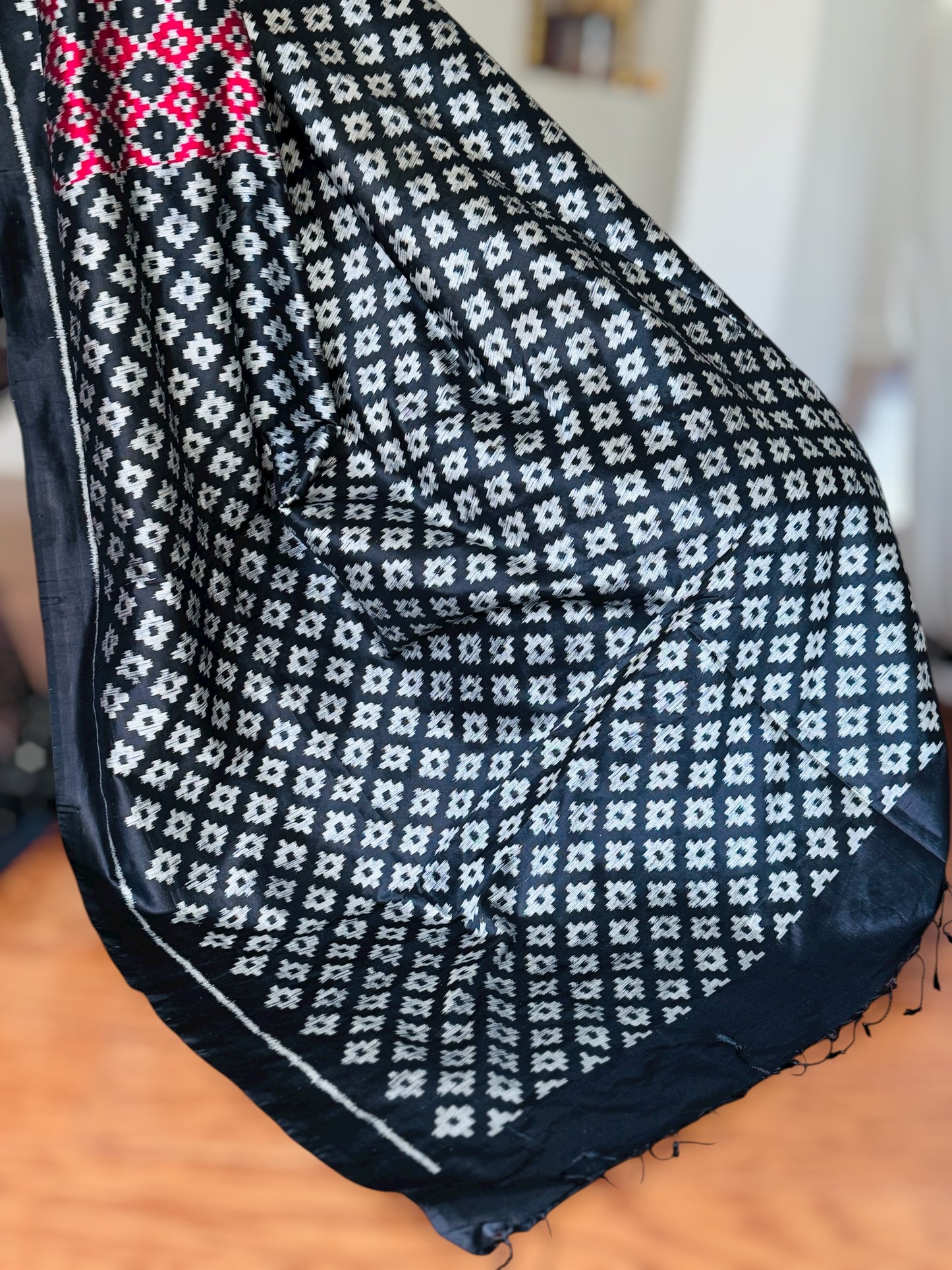 Black with red handwoven ikat pure silk saree|Odisha Weaves|Contemporary Ikat|Antara