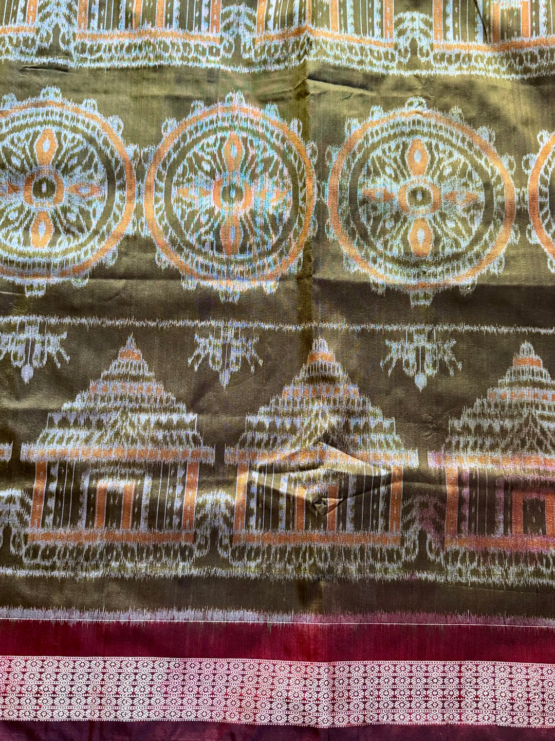 Olive green with maroon handwoven Sambalpuri Ikat Silk saree |Odisha Weaves