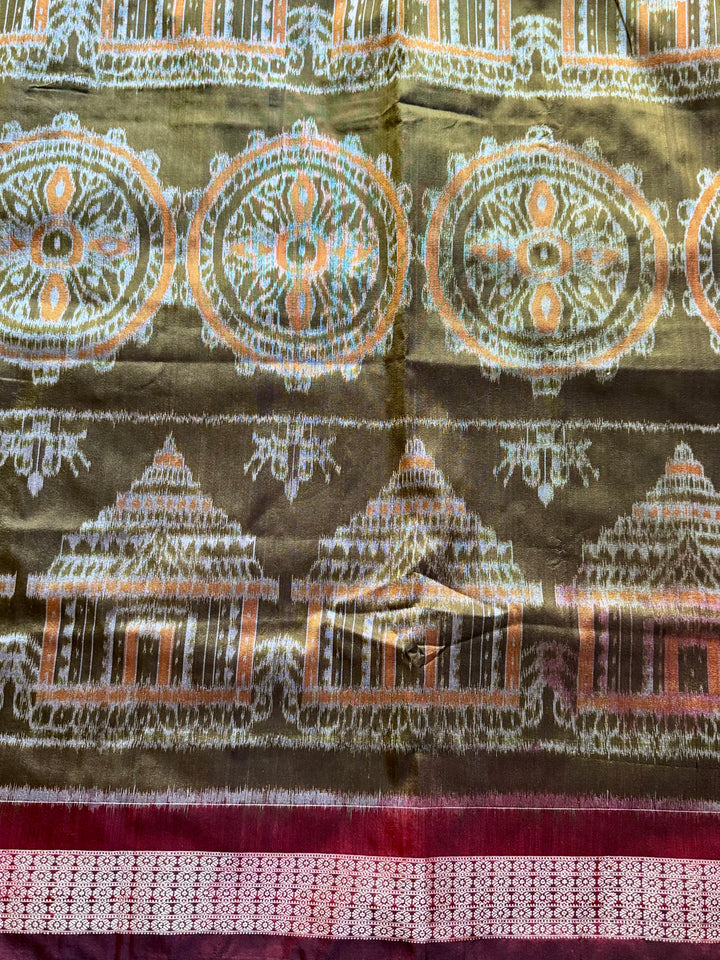 Olive green with maroon handwoven Sambalpuri Ikat Silk saree |Odisha Weaves