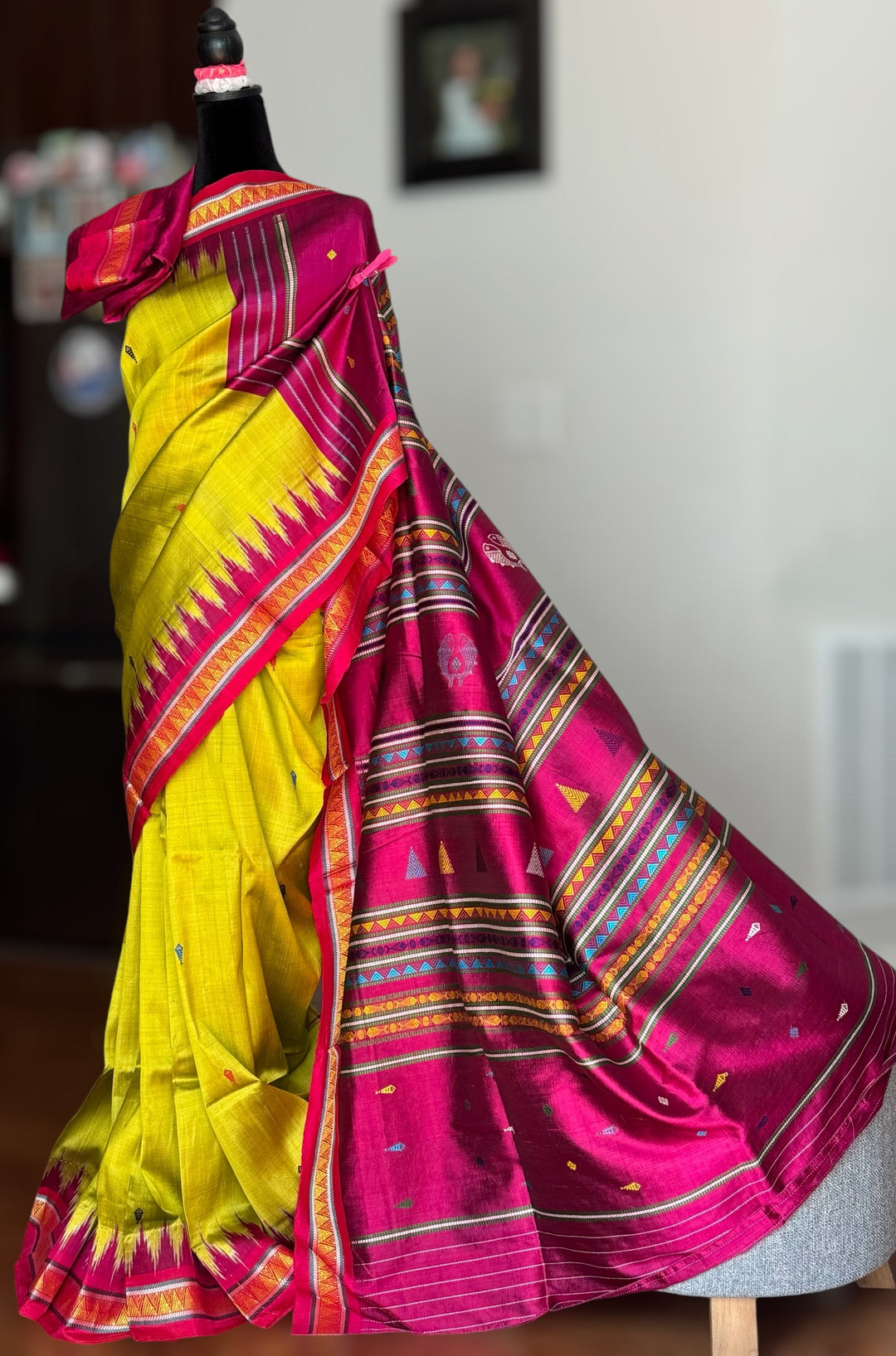 Light green and magenta pink combination Dongria double pallu contemporary ikat pure silk saree