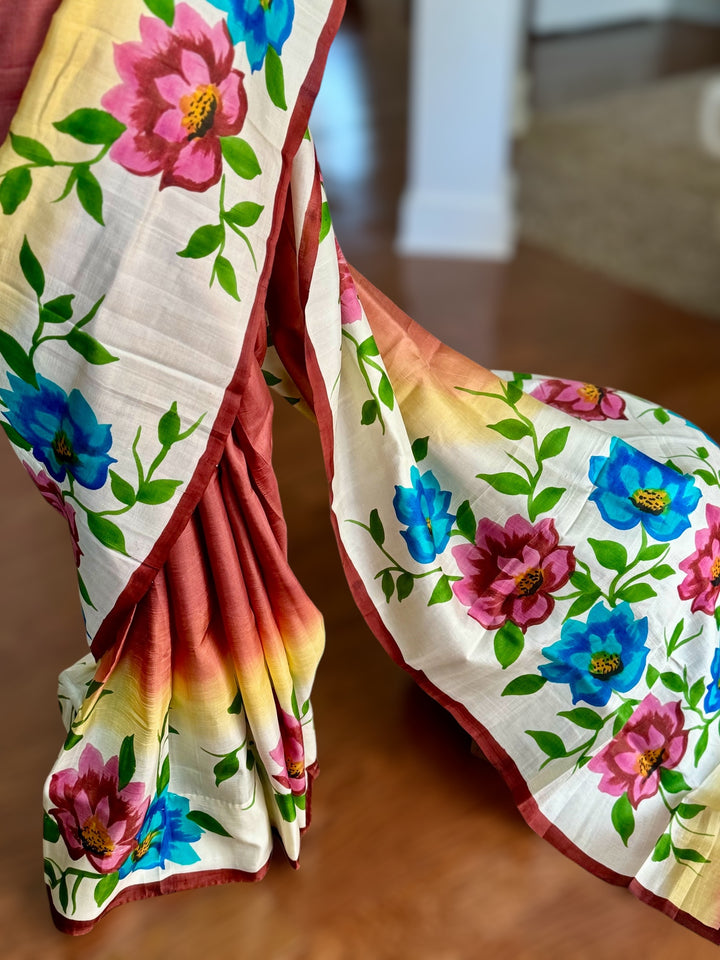 Ombre with beautiful flower design Light weight,Hand painted Pure silk saree| Value Vogue