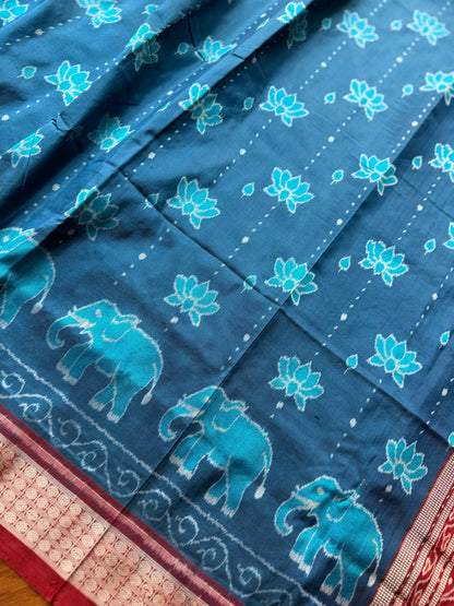 Teal blue and maroon handwoven Sambalpuri thousand motif pure Ikkat silk saree | Odisha Weaves