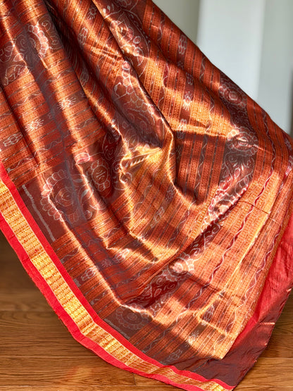 Black and rust red handwoven Sambalpuri pure Ikkat silk saree with tissue border and pallu | Odisha Weaves