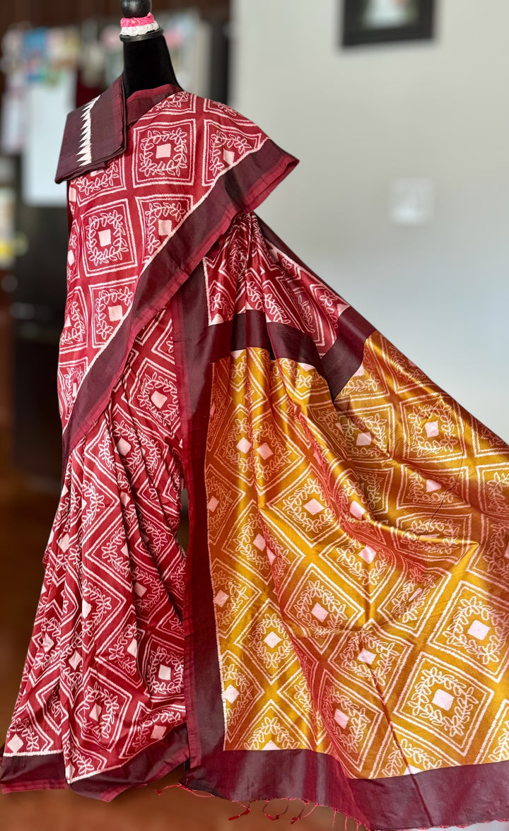 High quality contemporary Ikat Pure silk saree in light rust red