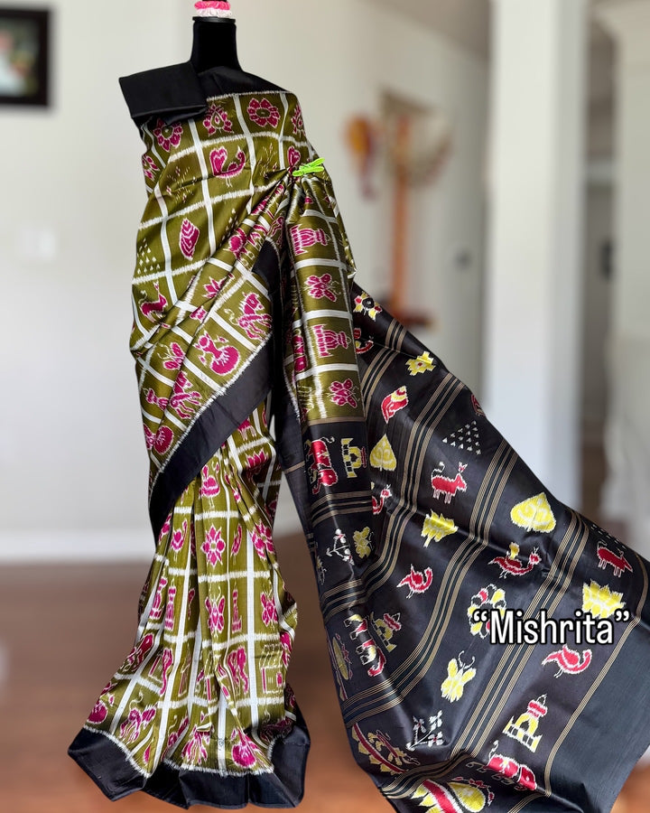 Olive Green Nabakothi Contemporary Ikat Pure Silk Saree|Odisha Weaves|Mishrita