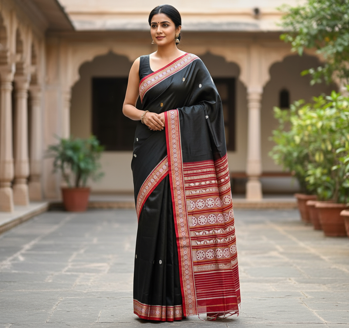Black with red combinations contemporary ikat from Odisha weaves with konark chakra jala weaving