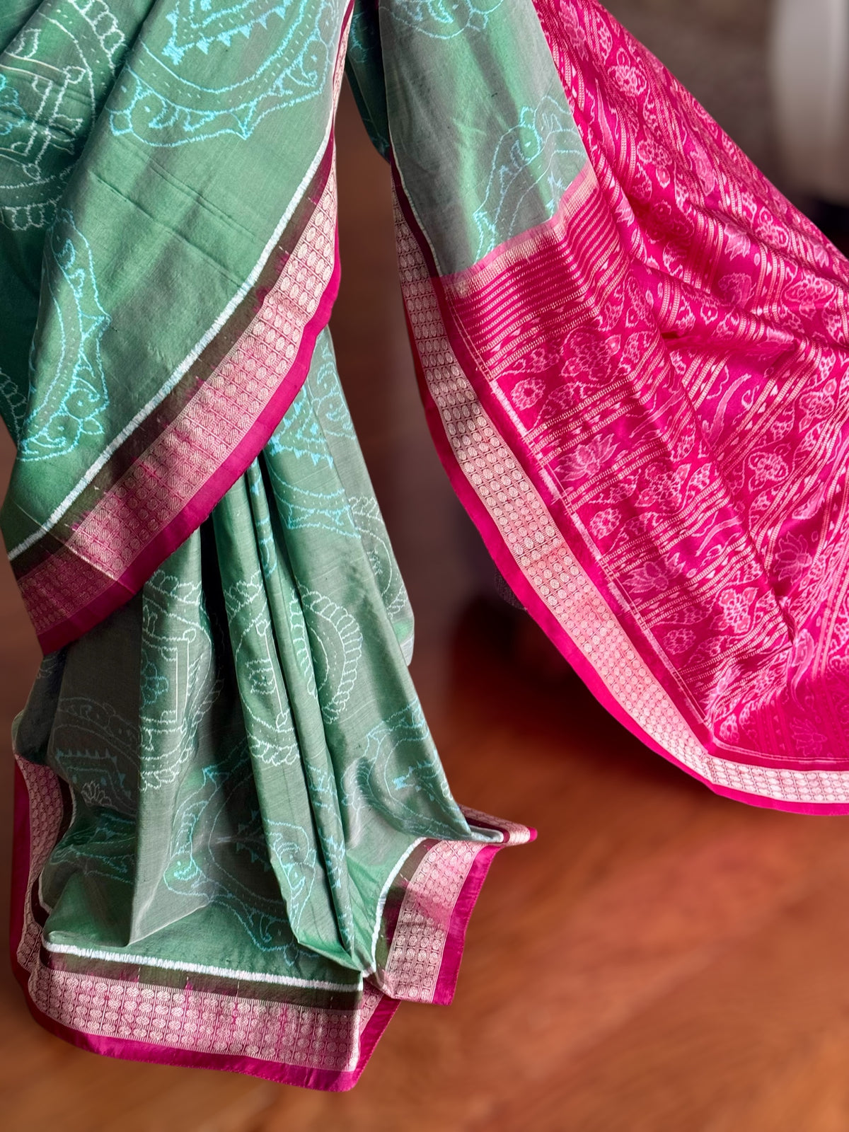 Handwoven Sage green and Pink yantra theme Sambalpuri ikat pure silk saree|Odisha Weaves|