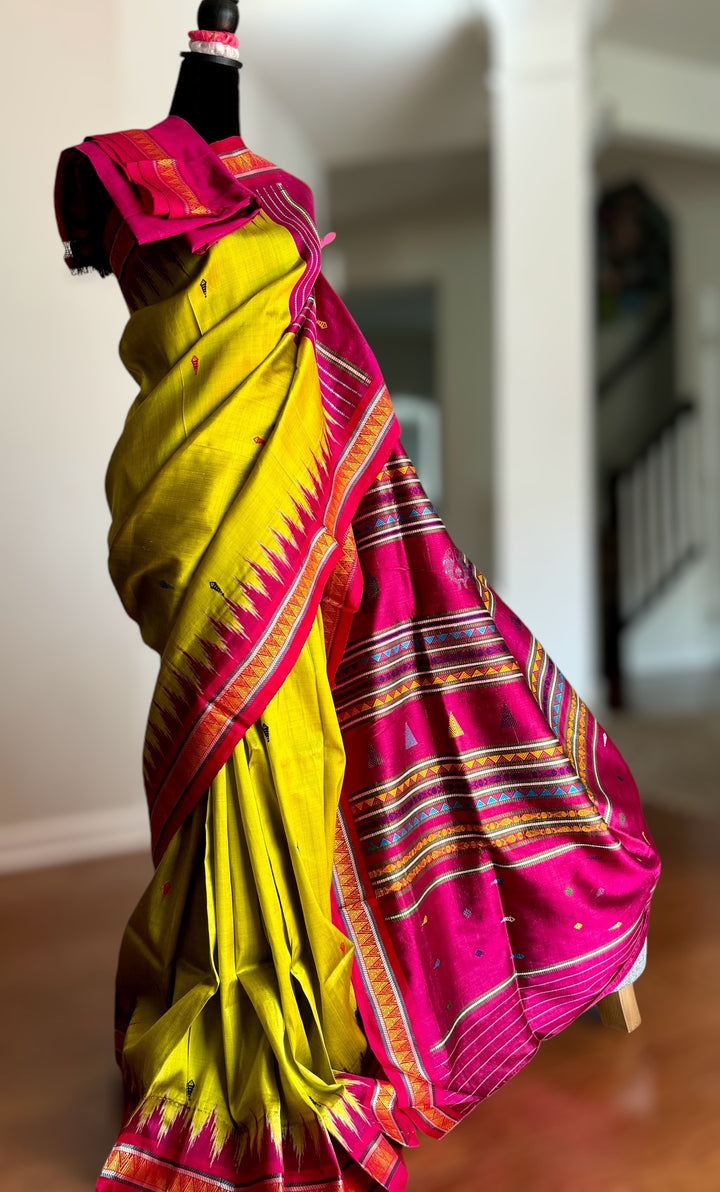 Light green and magenta pink combination Dongria double pallu contemporary ikat pure silk saree
