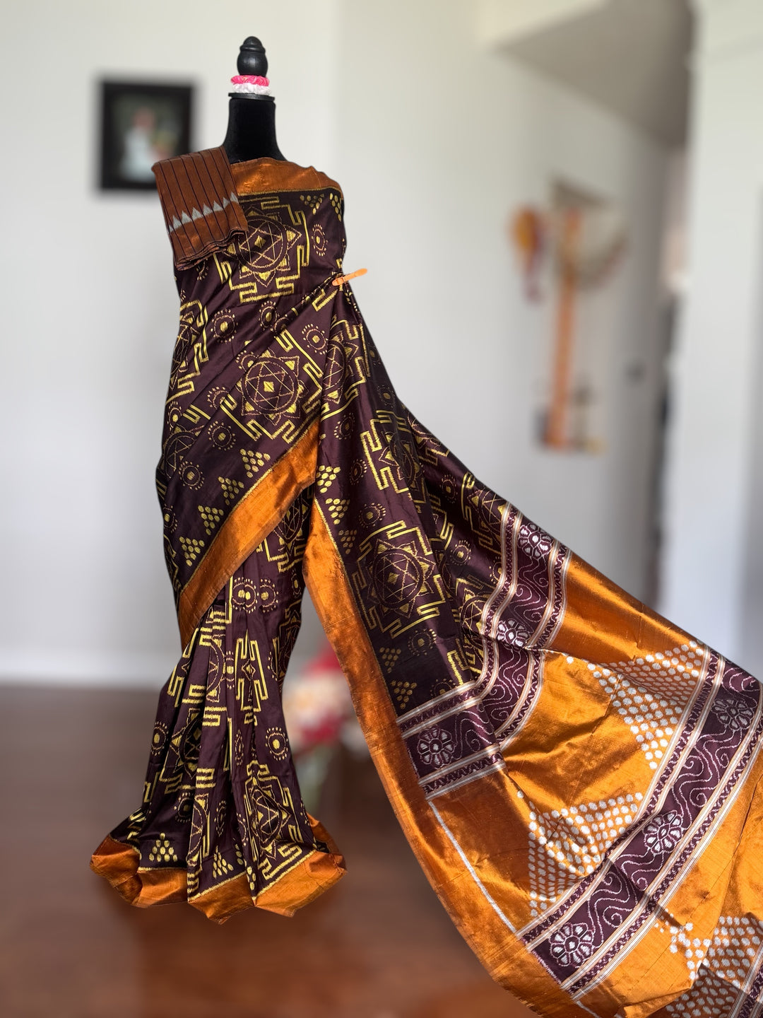 Dark Brown with yellow color handwoven yantra ikat pure silk saree|Odisha Weaves|Contemporary Ikat|