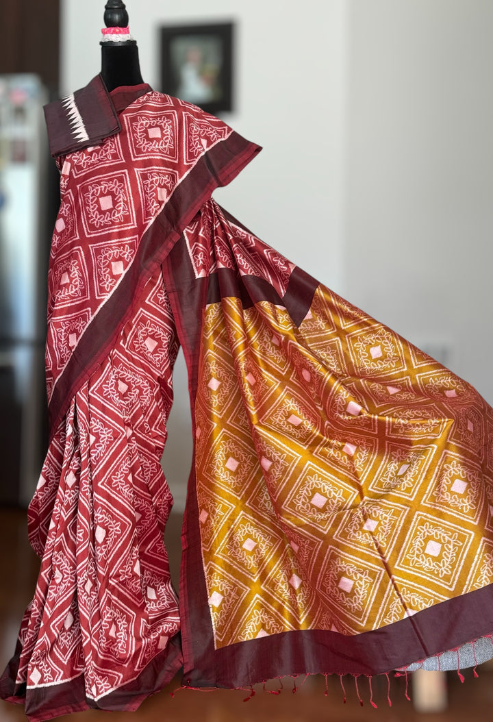 High quality contemporary Ikat Pure silk saree in light rust red