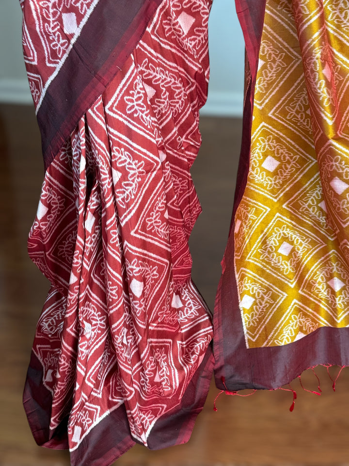 High quality contemporary Ikat Pure silk saree in light rust red