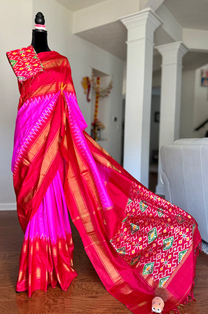 Bright Magenta-pink with Red Pochampally ikat pure silk saree with Patola pallu and Kanchi-Style Zari Border