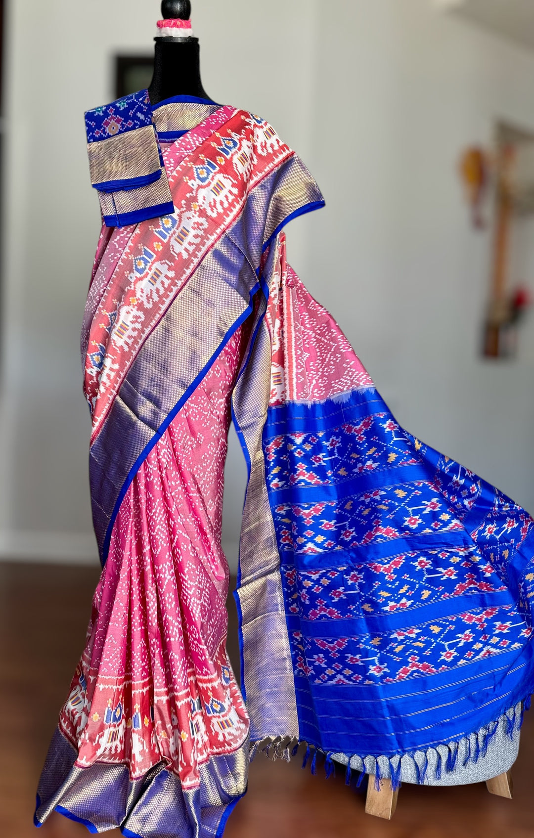 Shot pink Pochampally ikat pure silk saree