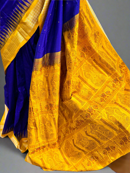 Royal blue and yellow combination Bomkai pure Silk Saree