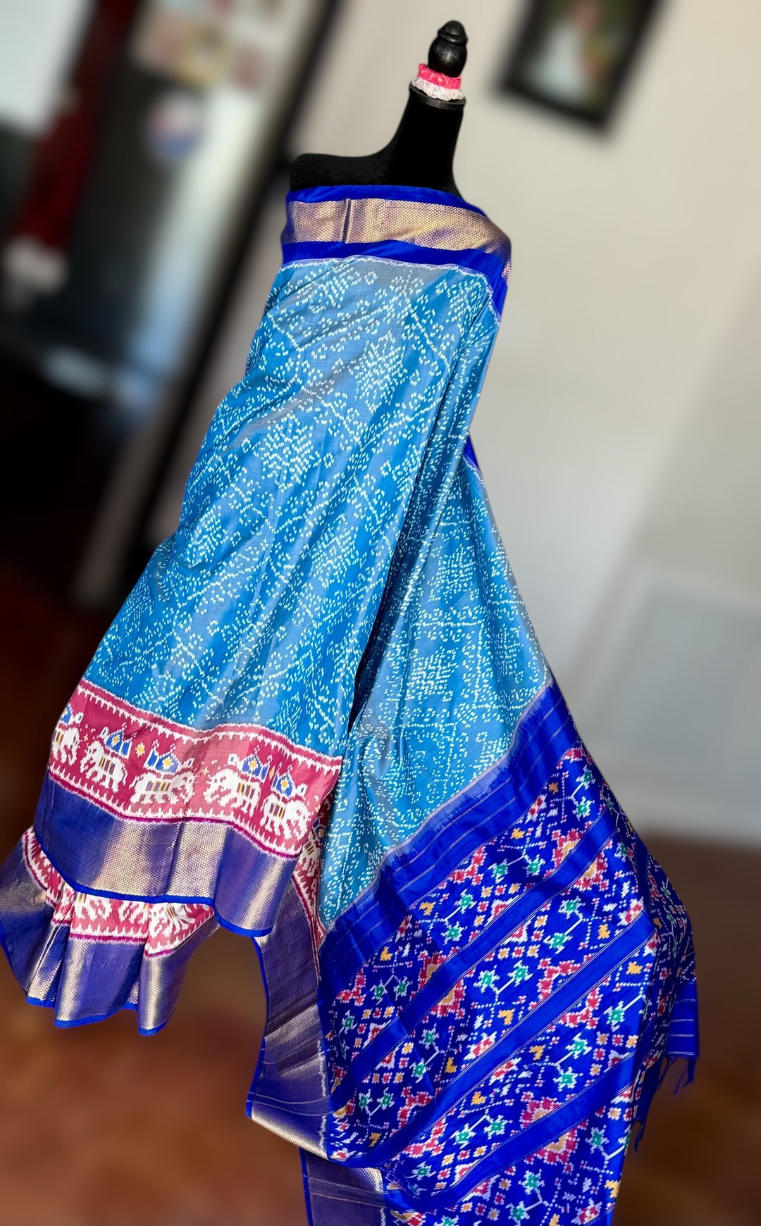 Ice blue Pochampally ikat pure silk saree