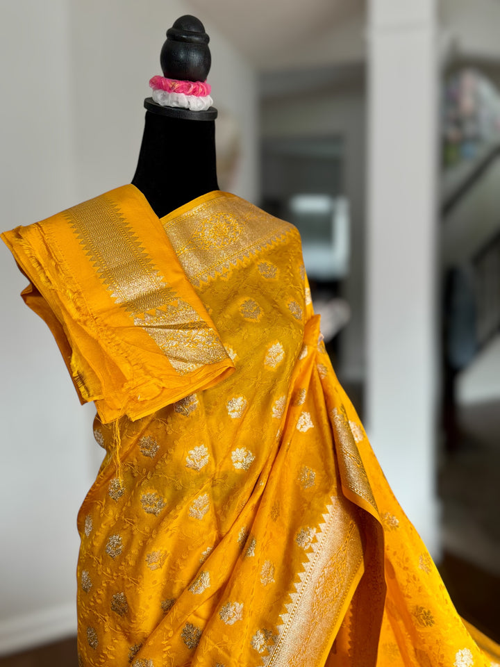 Banarasi Semi Mashru Silk Yellow color Saree|Value Vogue