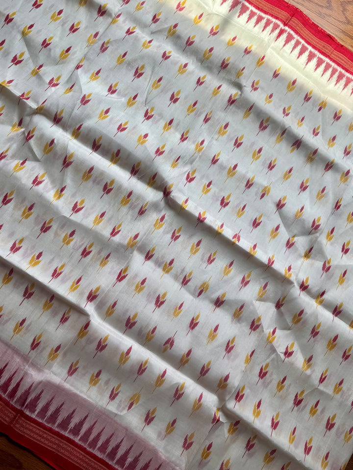 Flower bud design Handwoven Pure Silk ikat Khandua Saree White-Red|Odisha Weaves
