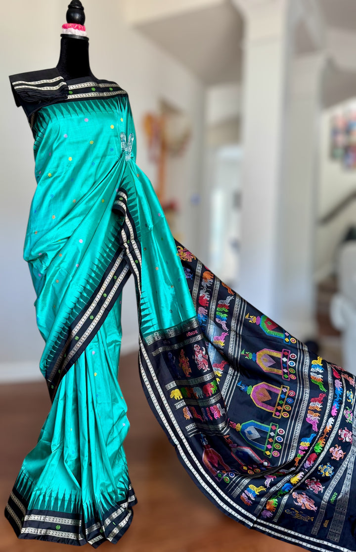 Gorgeous Light Aqua green Nandighosa pure silk saree from Odisha Weaves| Bomkai|