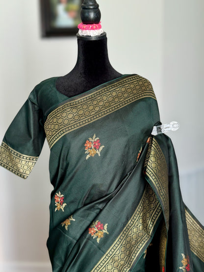 Elegant Dark green designer weaved and textured saree with stitched blouse| Value Vogue