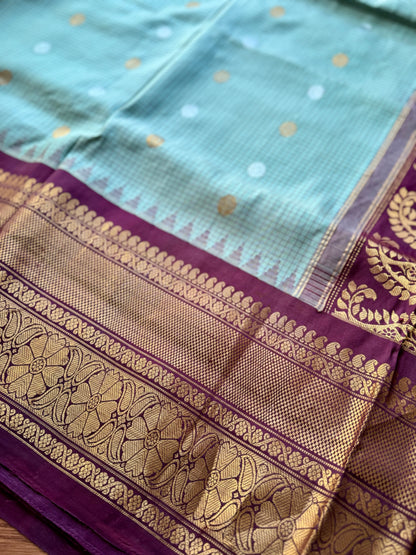 Light Sage Green vintage Checks Gadwal Pure Silk Saree with zari buttas and contrast Maroon border