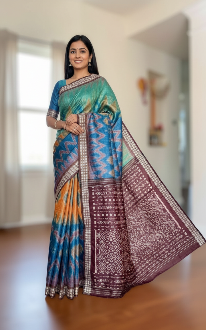 Multi colored Gopalpur handwoven pure Tussar silk saree with ikat pallu|Odisha weaves