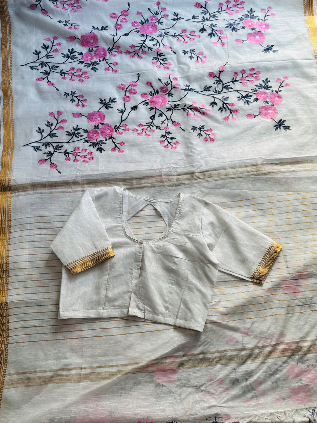 White color Linen muslin silk saree with embroidery work and stitched blouse| Value Vogue