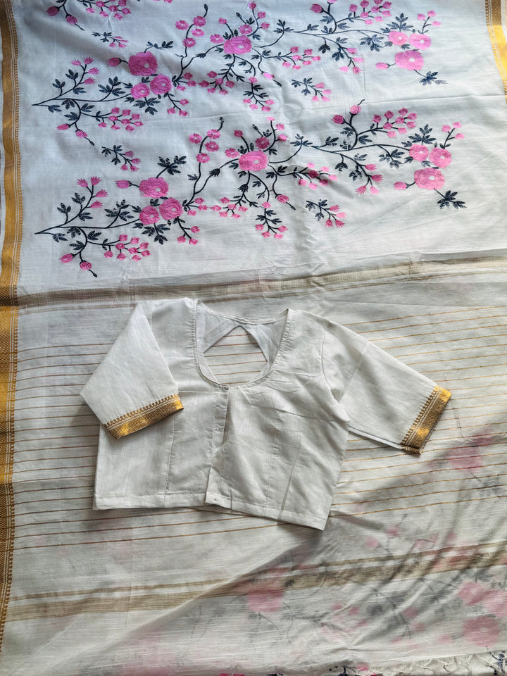White color Linen muslin silk saree with embroidery work and stitched blouse| Value Vogue