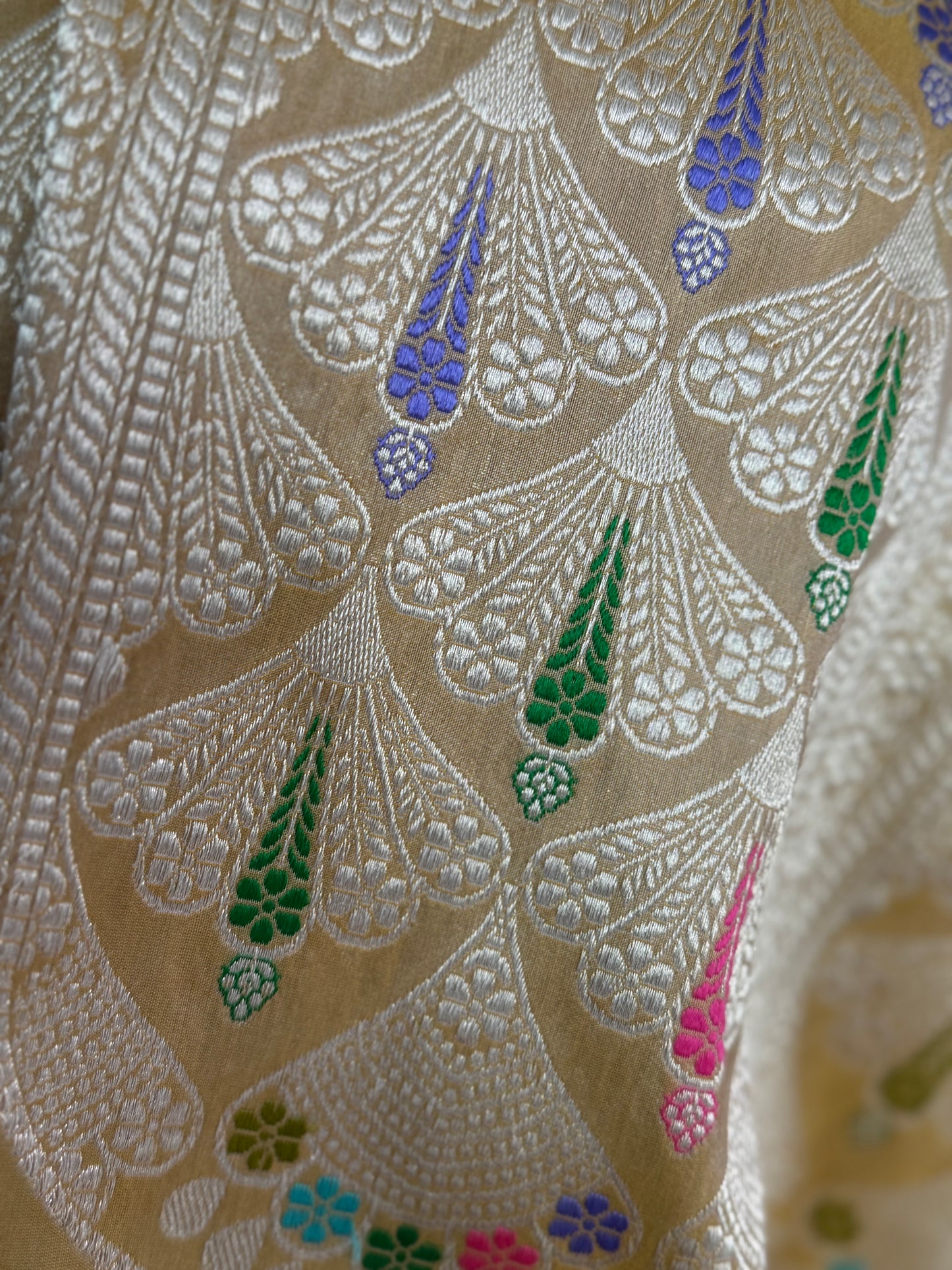 Champagne Color Banarasi ektara weaved pure katan silk saree with Kadhwa Janngla and meenakari work