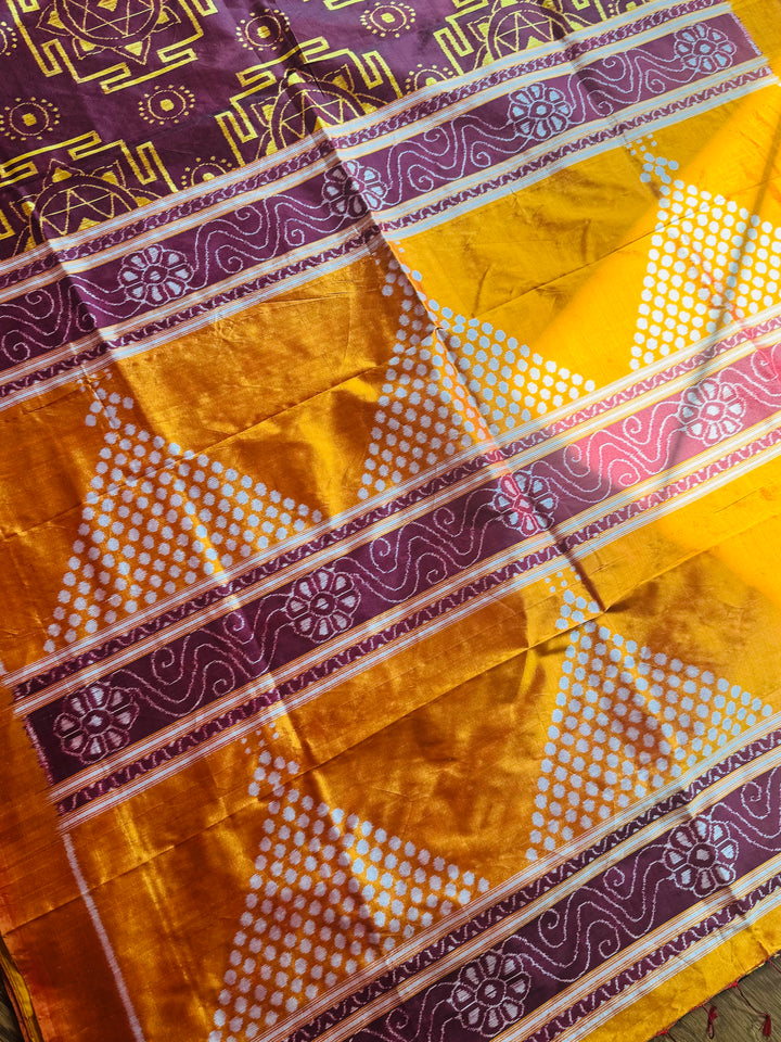 Maroon with yellow color handwoven ikat pure silk saree|Odisha Weaves|Contemporary Ikat|