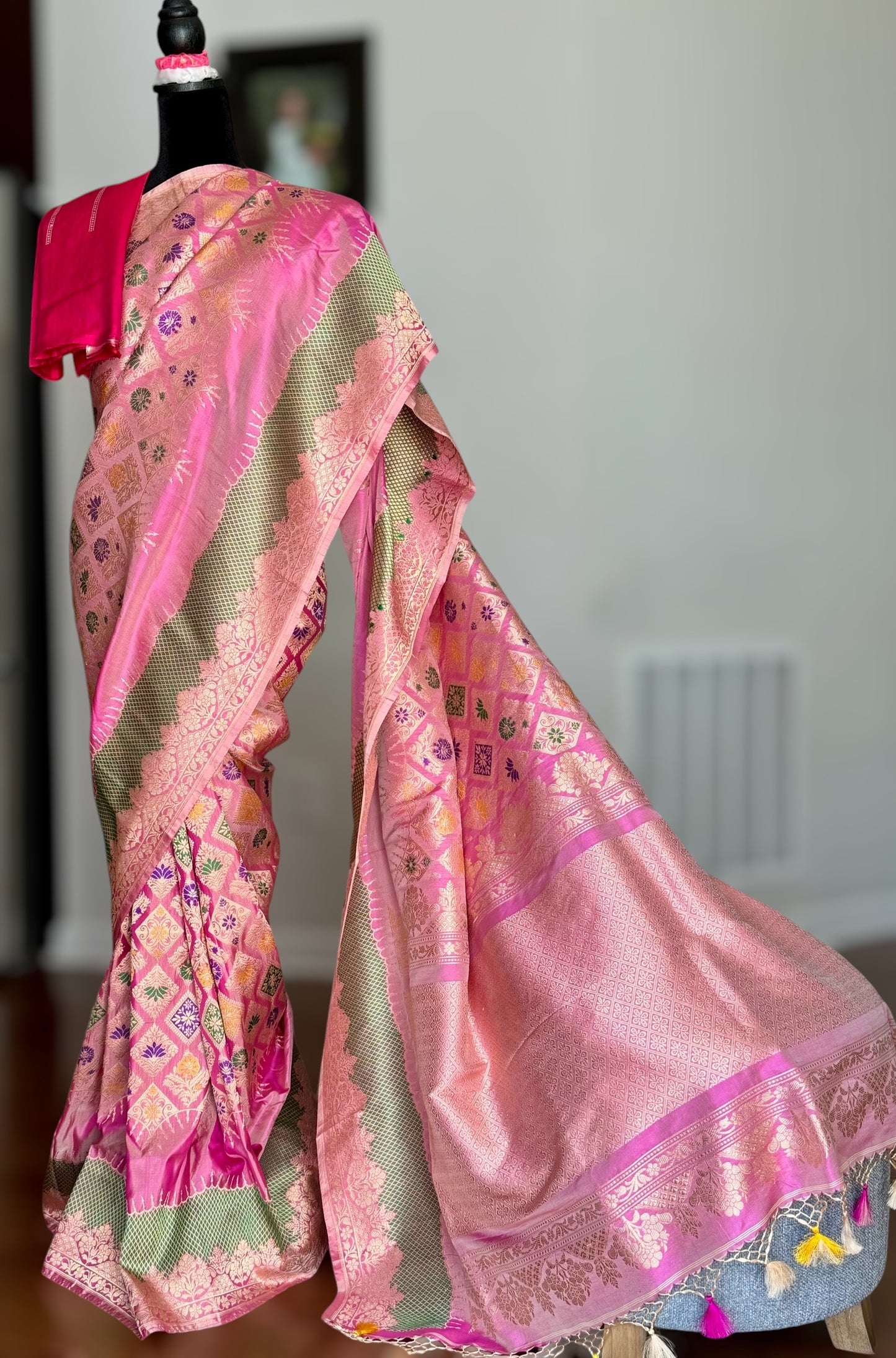 Luxurious Pink Banarasi pure katan silk saree with multicolor thread kadhwa meenakari weaving