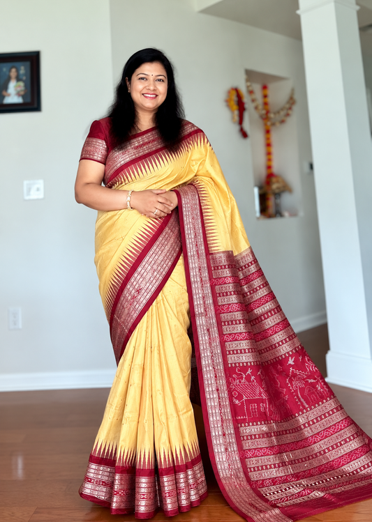 Gorgeous Pale Yellow handwoven Sambalpuri Ikat pure Silk saree |Odisha Weaves