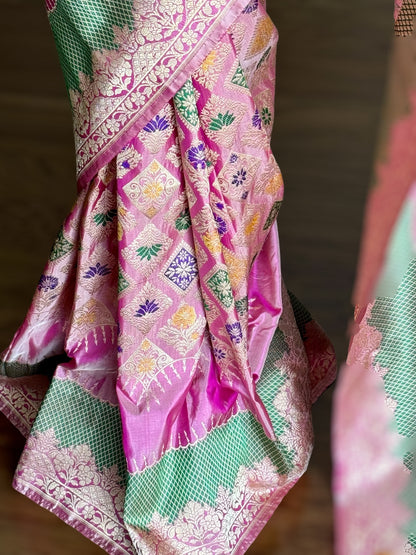 Luxurious Pink Banarasi pure katan silk saree with multicolor thread kadhwa meenakari weaving