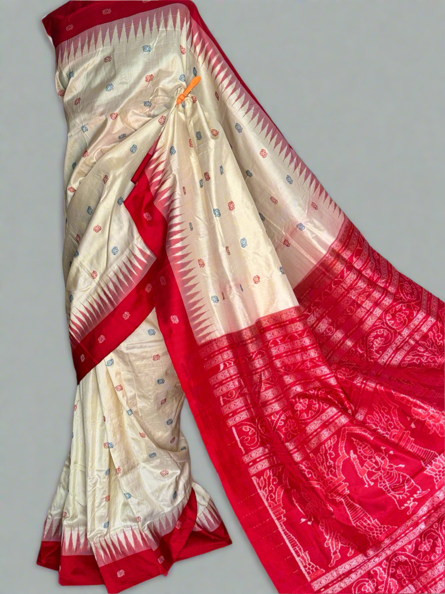 Sambalpuri ikat beige color with red pure silk saree from Odisha weaves