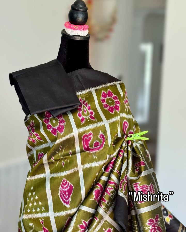 Olive Green Nabakothi Contemporary Ikat Pure Silk Saree|Odisha Weaves|Mishrita