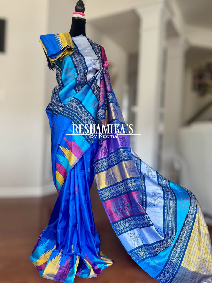 Blue Berhampuri Pure Silk Saree with multi color animal motif Double pallu