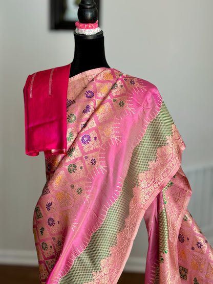 Luxurious Pink Banarasi pure katan silk saree with multicolor thread kadhwa meenakari weaving