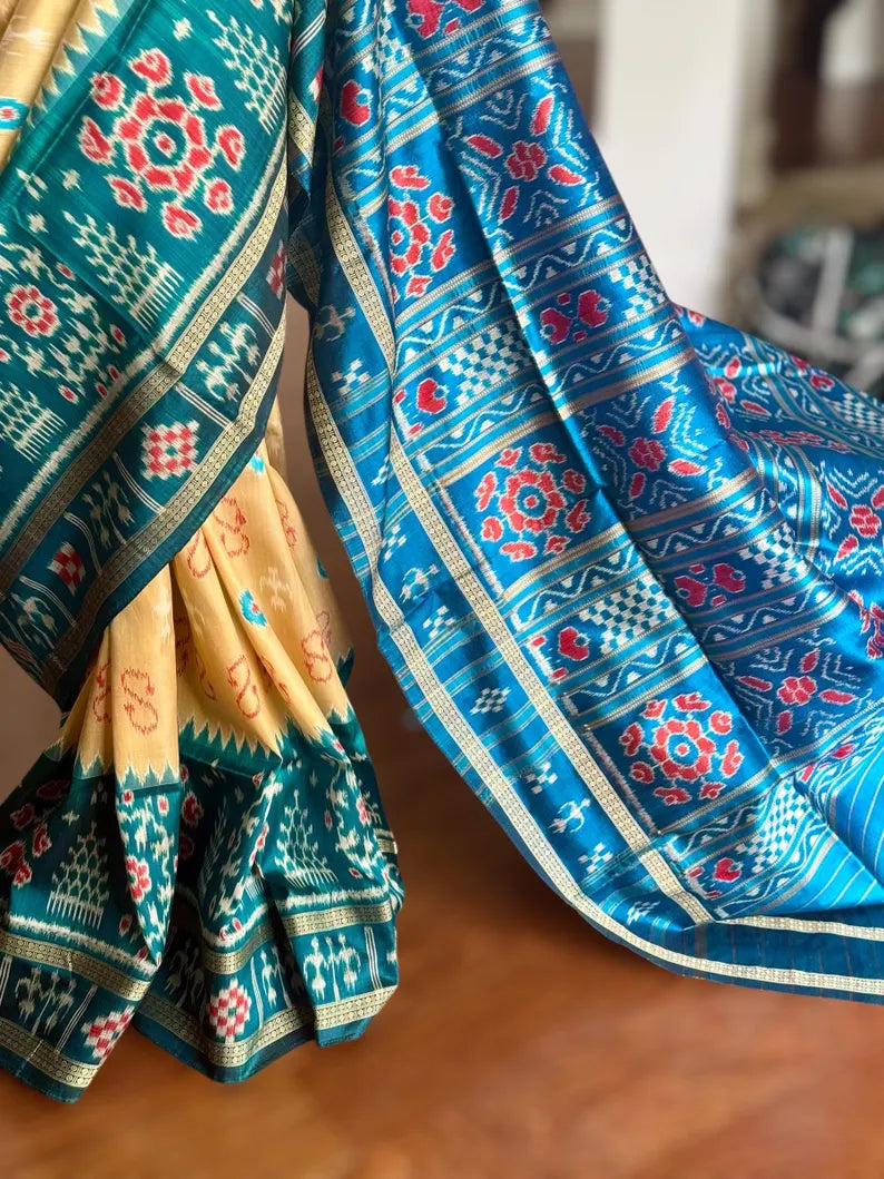 Baige Gold with blue combination handwoven contemporary ikat pure silk saree | Odisha weaves