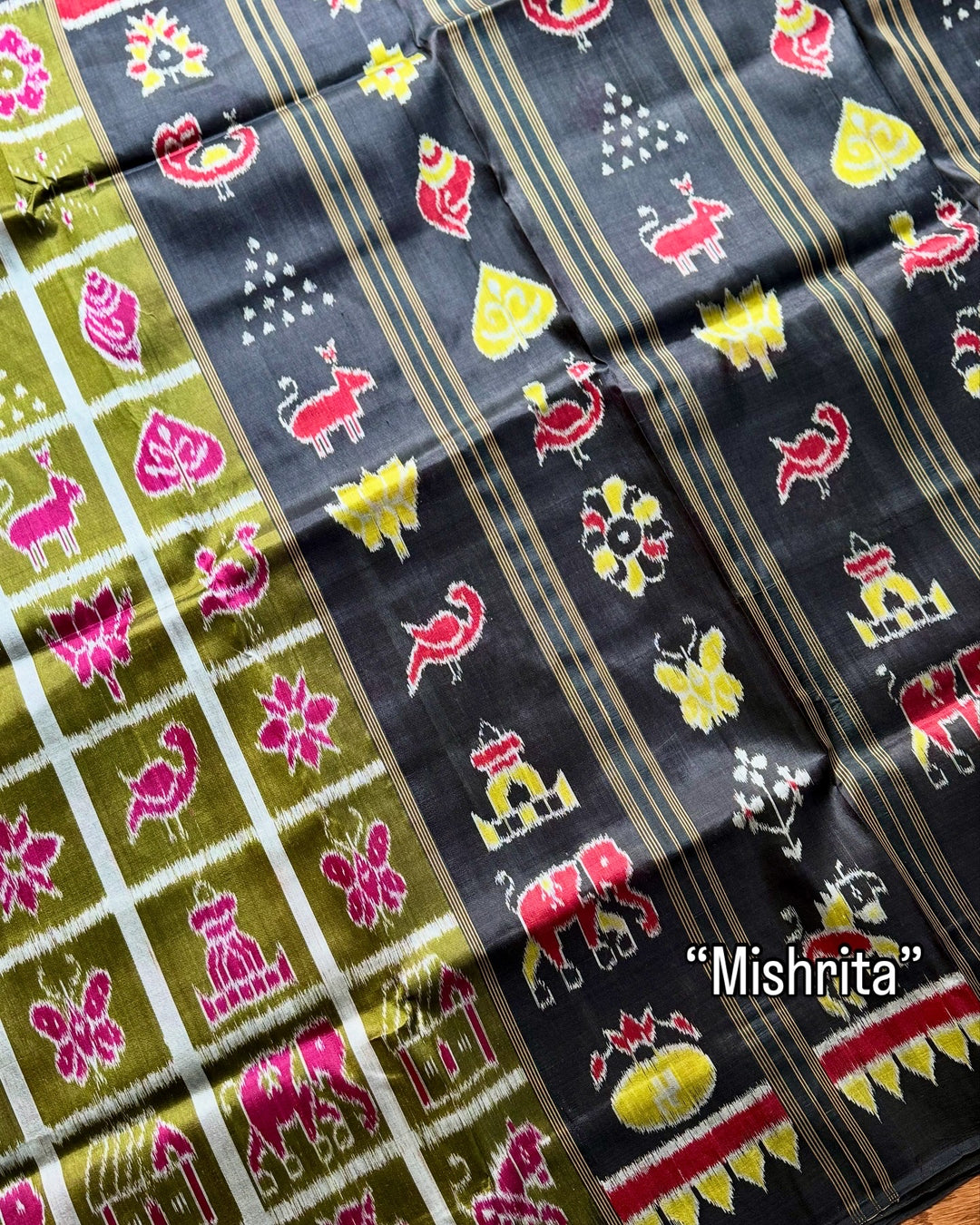Olive Green Nabakothi Contemporary Ikat Pure Silk Saree|Odisha Weaves|Mishrita