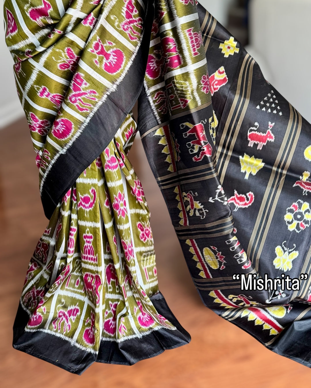 Olive Green Nabakothi Contemporary Ikat Pure Silk Saree|Odisha Weaves|Mishrita