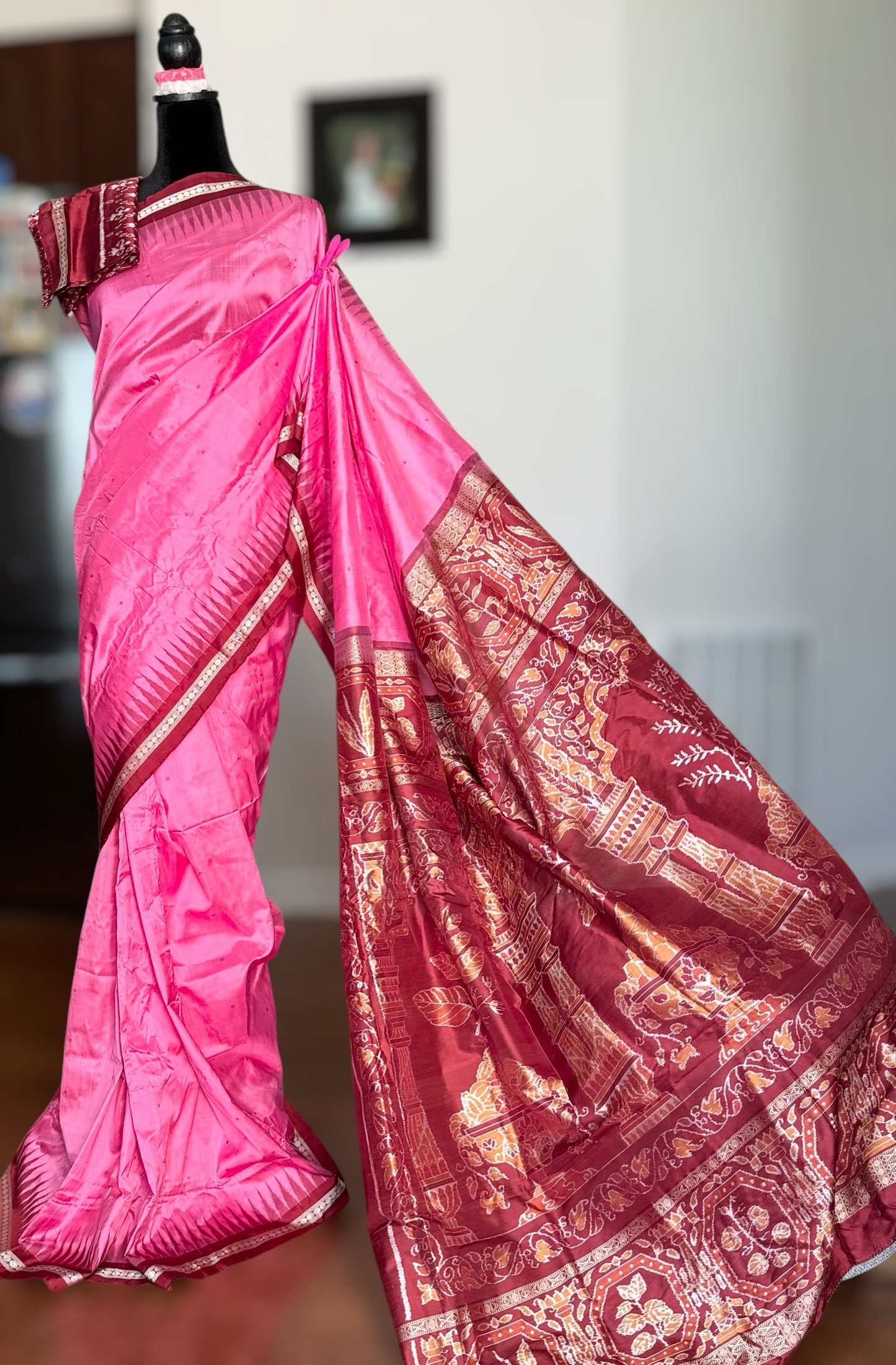 Pink Sambalpuri Ikat Pure Silk Saree with “Triphala” Ikat Pallu and Maroon Border